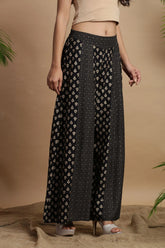 Black Rayon Ethnic Motif Printed Ankle-Length Flared Kalidar Women Palazzo With One Pocket-9789BLACK